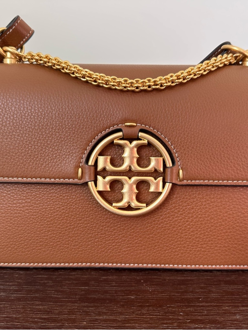 Tory Burch Pebbled Leather Shoulder Bag in Cognac with Gold Hardware